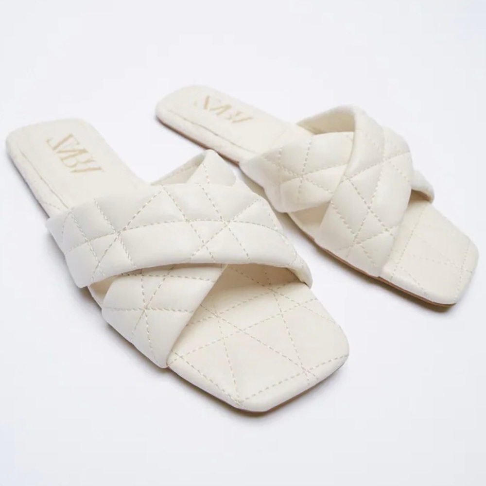 Zara Off White Quilted Flat Slides